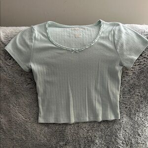 Green Ribbed Crop Top with Short Sleeves